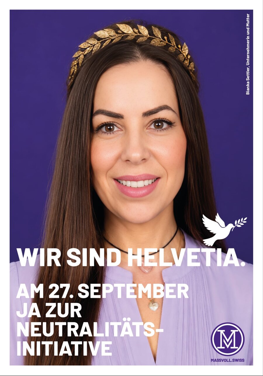 Kampagnenplakat Wir sind Helvetia — Ja zur Neutralitätsinitiative mit Bianka Stettler
