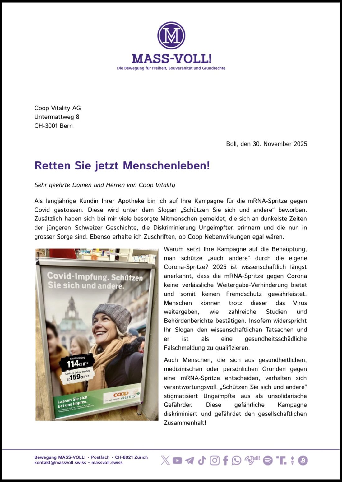 Offener Brief von MASS-VOLL! an Coop Vitality