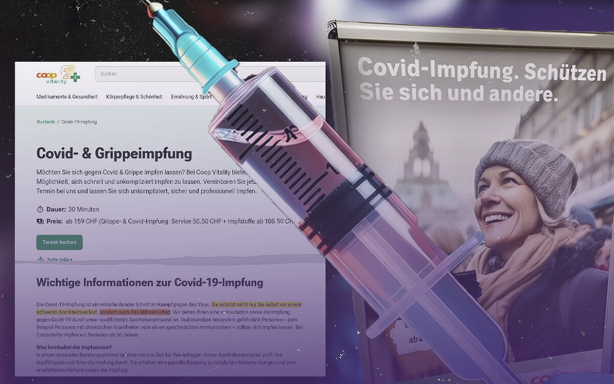 Covid-Impfwerbung in der Coop Vitality Apotheke